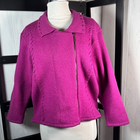 Retro Marisa Studio Fuchsia Cardigan with Asymmetrical Zipper, 100% wool, MINT!! - Picture 1 of 10